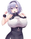  1girl anchor arms_up azur_lane bare_shoulders black_hairband blush breasts eyebrows_visible_through_hair grey_hair hair_between_eyes hair_ornament hairband hairclip highres huge_breasts large_breasts looking_at_viewer open_mouth purple_eyes reno_(azur_lane) see-through shirt short_hair simple_background skirt sleeveless solo underboob white_background yuuki_shuri 