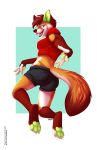  2016 4_toes 5_fingers aimee-lesley-sim anthro bottomwear brown_body brown_fur brown_nose butt_pose canid canine claws clothed clothing digital_media_(artwork) female fingers fox fur green_claws green_pawpads hair hi_res lara_(daniel156161) looking_at_viewer mammal multicolored_hair open_mouth open_smile pawpads pose red_clothing red_shirt red_topwear shirt short_hair shorts signature simple_background smile solo tan_body tan_fur toe_claws toes topwear white_body white_fur 