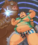  2012 anthro belly blush brown_body brown_fur bulge clothing duo fur human humanoid_hands iwano kemono magic male mammal moobs navel nipples overweight overweight_male suid suina sus_(pig) underwear wild_boar 