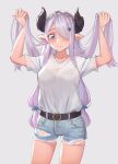  1girl absurdres alternate_costume belt black_belt blue_eyes blush breasts cleavage commentary_request draph granblue_fantasy hair_ornament hair_over_one_eye highres horns jmao large_breasts lavender_hair long_hair looking_at_viewer narmaya_(granblue_fantasy) pointy_ears shirt short_shorts short_sleeves shorts smile solo white_shirt 
