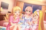  3girls bangs bare_legs bare_shoulders bed blonde_hair blush bow breasts closed_eyes crossed_arms curly_hair curtains eyebrows_visible_through_hair hair_bow idolmaster idolmaster_cinderella_girls indoors jougasaki_mika lamp lampshade large_breasts long_hair multiple_girls official_art on_bed ootsuki_yui open_mouth red_hair shirt sitting sitting_on_bed sleepwear smile snack straight_hair t-shirt teeth television_screen window yellow_eyes 