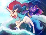  abbystabby brown_eyes commentary creature english_commentary full_body gen_5_pokemon gen_6_pokemon green_eyes grin hoopa hoopa_(confined) horn keldeo keldeo_(ordinary) no_humans pokemon pokemon_(creature) smile water waves 