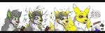  absurd_res black_nose blue_eyes blush canid canine claws danwolf15 digimon digimon_(species) digivice english_text gender_transformation green_claws green_eyes grey_body hi_res letterbox mammal mind_control renamon text tongue traditional_media_(artwork) transformation tuft yellow_body 