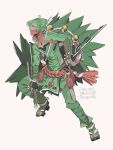  1boy armor beige_background bell belt character_name earrings english_text fingerless_gloves fingernails gen_3_pokemon gloves green_gloves green_hair green_nails harurie highres holding holding_sword holding_weapon japanese_clothes jewelry long_toenails male_focus mask mouth_mask pointy_ears pokemon rope_belt sceptile simple_background single_earring solo sword tattoo toenails vambraces weapon yellow_eyes 