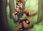  2017 4_toes 5_fingers anthro breasts brown_hair brown_nose canid canine clothing crepuscular_rays day digital_media_(artwork) dipstick_tail eyelashes featureless_breasts female fingers forest fox fur green_pawpads hair human_to_anthro lara_(daniel156161) looking_back looking_down mammal medium_breasts multicolored_body multicolored_fur multicolored_tail open_mouth open_smile outside pawpads pink_eyes recurrent short_hair smile solo species_transformation toes torn_clothing transformation tree white_body white_fur 