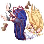 1girl arms_behind_head barefoot blonde_hair breasts chain closed_mouth eyebrows_visible_through_hair falling full_body horn hoshiguma_yuugi large_breasts long_hair looking_at_viewer one_eye_closed ootsuki_wataru pointy_ears red_eyes short_sleeves smile solo tabi touhou transparent_background 