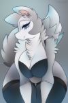  2:3 anthro blue_eyes bra breasts canid canine canis cleavage clothed clothing domestic_dog female fur grey_body grey_fur hi_res husky legwear lingerie mammal napdust nordic_sled_dog smile solo spitz thigh_highs underwear white_body white_fur wide_hips 