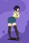  1girl ass back bangs bent_over blue_hair boku_no_hero_academia breasts denim denim_shorts earlobes food from_behind fruit full_body gym_shirt highres holding jirou_kyouka legs_apart looking_at_viewer looking_back open_mouth peach phone plug self_upload shirt short_hair short_sleeves shorts simple_background sleeveless sleeveless_shirt solo standing tank_top theanimegirl thighhighs thighs untucked_shirt yellow_shirt 