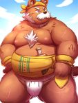  2020 3:4 anthro asian_clothing belly brown_body brown_fur canid canine clothing east_asian_clothing fundoshi fur hi_res humanoid_hands japanese_clothing kemono lako male mammal mana_(series) moobs nipples outside overweight overweight_male scar solo square_enix trials_of_mana underwear video_games 
