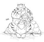  2009 anthro asian_clothing bathing belly clothing duo east_asian_clothing eyes_closed facial_hair felid feline fundoshi humanoid_hands inumi_mutsuno japanese_clothing male mammal monochrome mustache overweight overweight_male sitting underwear water young 