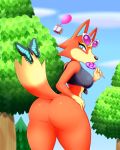  2020 4:5 animal_crossing anthro audie_(animal_crossing) big_butt blue_eyes bottomless butt candy canid canine canis clothed clothing female food fur half-closed_eyes hi_res lollipop lonbluewolf looking_back mammal multicolored_body multicolored_fur narrowed_eyes nintendo red_body red_fur solo tan_body tan_fur video_games wolf yellow_body yellow_fur 