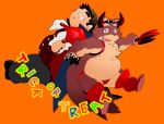  2014 anthro belly canid canine clothing duo halloween holidays human humanoid_hands kemono kira_nerisu male mammal moobs nipples overweight overweight_male simple_background text underwear 