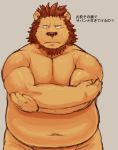  2012 anthro belly bodily_fluids felid humanoid_hands iwano japanese_text kemono lion male mammal navel overweight overweight_male pantherine simple_background solo sweat text 