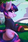  2020 2:3 book butt clothing cutie_mark digital_media_(artwork) dock english_text equid eyebrows friendship_is_magic hi_res horn looking_at_viewer mammal my_little_pony open_mouth open_smile outside purple_eyes shadowreindeer smile text tree twilight_sparkle_(mlp) unicorn 