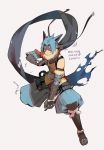 1boy animal_ears armor bandaged_arm bandages bare_shoulders black_scarf blue_hair blue_scarf character_name english_text facial_mark fishnets gen_4_pokemon gradient gradient_clothes gradient_scarf grey_background harurie headband highres holding holding_weapon kunai lucario male_focus ninja parted_lips pokemon puffy_pants red_eyes scarf shuriken simple_background solo torn_clothes torn_scarf weapon 