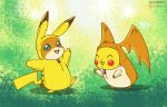  blue_eyes clothing cosplay costume crossover digimon digimon_(species) feral green_background jen_foxworth mammal nintendo open_mouth orange_body patamon pikachu pok&eacute;mon pok&eacute;mon_(species) rodent simple_background smile video_games yellow_body zipper 