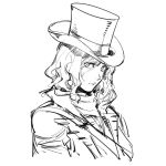  1girl closed_mouth copyright_request eyes_visible_through_hair greyscale hat looking_at_viewer medium_hair monochrome ruukii_drift simple_background solo top_hat white_background 