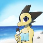  1:1 2020 anthro beach cloud dessert detailed_background enginetrap food hi_res holding_food holding_object ice_cream outside purple_eyes rock sand scalie seaside sky solo tongue tongue_out water yellow_body 