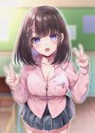  1girl absurdres bangs blush breasts brown_hair classroom cleavage collarbone double_v earrings hands_up hane_yuki highres jewelry large_breasts long_sleeves looking_at_viewer open_mouth original purple_eyes school_uniform short_hair skirt solo thighs v 