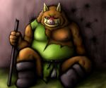  2009 anthro blush brown_body brown_fur clothing dragon_quest fur humanoid_hands kemono lo@gu male mammal moobs nipples orc_(dragon_quest) overweight overweight_male robe sitting solo square_enix suid suina sus_(pig) underwear video_games wild_boar 