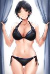  1girl absurdres bangs bare_shoulders bikini black_hair blush breasts cleavage collarbone hayami_kanade highres idolmaster idolmaster_cinderella_girls large_breasts looking_at_viewer navel oimo parted_bangs short_hair smile solo swimsuit yellow_eyes 