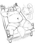  2013 3:4 anthro belly bottomwear bound bulge canid canine clothing duo eyes_closed iwano kemono male mammal monochrome navel overweight overweight_male rope shorts 