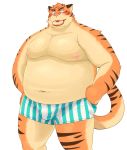  2016 anthro belly blush bodily_fluids bulge clothing doughnut felid food hi_res humanoid_hands iwano kemono male mammal moobs navel nipples obese overweight overweight_male pantherine simple_background solo sweat tiger underwear white_background 