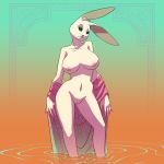  1:1 aikaanarchy anthro beastars big_breasts black_eyes breasts clothing dwarf_rabbit female frown genitals gradient_background haru_(beastars) hi_res lagomorph leporid looking_at_viewer mammal navel nipples nude partially_submerged pinup portrait pose pussy rabbit simple_background solo standing three-quarter_portrait undressing 
