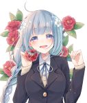  1girl :d bangs black_jacket blazer blue_neckwear blush braid commentary floral_background flower hair_flower hair_ornament hands_up holding holding_flower jacket long_hair long_sleeves looking_at_viewer neck_ribbon nekotemari open_mouth original purple_eyes red_flower ribbon school_uniform silver_hair single_braid smile solo sparkle symbol_commentary upper_body white_flower 