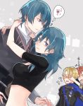  1girl 3boys ? back black_shirt black_vest blonde_hair blue_capelet blue_eyes blue_hair breasts byleth_(fire_emblem) byleth_(fire_emblem)_(female) byleth_(fire_emblem)_(male) capelet closed_eyes covering_another&#039;s_eyes covering_eyes cup dimitri_alexandre_blaiddyd drinking_glass drunk dual_persona expressionless eyebrows_visible_through_hair fire_emblem fire_emblem:_three_houses garreg_mach_monastery_uniform grey_background hair_between_eyes highres hug looking_at_viewer medium_breasts medium_hair midriff multiple_boys nakaya_(drwh7757) open_mouth orange_hair selfcest shirt short_hair short_sleeves simple_background skin_tight smile spiked_hair sylvain_jose_gautier taut_clothes thought_bubble twitter_username upper_body vest white_shirt wine_glass 