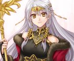  1girl closed_mouth earrings fire_emblem fire_emblem:_radiant_dawn fire_emblem_cipher fur_trim hazuki_(nyorosuke) holding holding_staff jewelry long_hair micaiah_(fire_emblem) silver_hair simple_background solo staff upper_body white_background yellow_eyes 