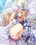  1girl ahoge bare_shoulders blonde_hair blue_eyes blush boots breast_squeeze breasts covered_nipples dress flag frilled_dress frills granblue_fantasy greaves hair_intakes hair_ornament high_heel_boots high_heels highres jeanne_d&#039;arc_(granblue_fantasy) long_hair nanase_mizuho panties sideboob solo standard_bearer thighhighs underwear white_dress 
