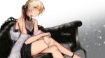  1girl bare_shoulders blonde_hair breasts couch crossed_legs hair_between_eyes hands_on_own_thighs highres kojima_(blue_stardust) long_hair looking_at_viewer original side_ponytail small_breasts smile solo stole yellow_eyes 