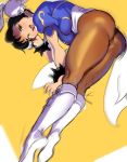  1girl absurdres ass bent_over black_hair bloop blue_dress boots bracelet breasts brown_eyes brown_legwear bun_cover china_dress chinese_clothes chun-li cross-laced_footwear double_bun dress hand_on_own_face highres huge_filesize jewelry legs_together looking_at_viewer medium_breasts motion_blur open_mouth pantyhose puffy_short_sleeves puffy_sleeves saliva sash short_sleeves solo spiked_bracelet spikes street_fighter street_fighter_ii_(series) street_fighter_zero_(series) thick_thighs thighs white_footwear 