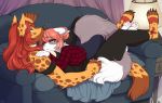  anthro canid canine comforting cuddling curtains duo female female/female flannel flannel_shirt furniture hair hi_res inside iriedono lamp long_hair lying_on_top mammal outlet pink_hair red_hair sofa 