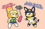  2020 animal_crossing ankha_(animal_crossing) anthro blue_hair breasts canid canine canis clothed clothing dialogue digital_drawing_(artwork) digital_media_(artwork) dildo domestic_cat domestic_dog duo english_text eroticphobia felid feline felis female hair hi_res isabelle_(animal_crossing) legwear mammal nintendo sex_toy socks text video_games 