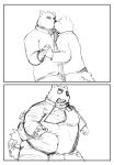  2012 anthro belly bottomwear canid canine canis clothing domestic_dog duo eyes_closed humanoid_hands iwano kemono kissing male male/male mammal monochrome overweight overweight_male pants shirt simple_background topwear weight_gain white_background 