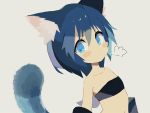  1girl animal_ear_fluff animal_ears bandeau bangs bare_shoulders black_bandeau blue_eyes blue_hair blush_stickers closed_mouth collarbone grey_background hair_between_eyes long_hair navel original pappii_(paprika_shikiso) paprika_shikiso simple_background solo strapless tail tail_raised upper_body v-shaped_eyebrows 