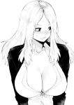  1girl bangs black_jacket blush breasts cleavage closed_mouth collarbone commission dress_shirt greyscale highres jacket large_breasts long_hair looking_to_the_side monochrome norman_maggot open_clothes open_jacket original parted_bangs shirt sweatdrop unbuttoned unbuttoned_shirt upper_body white_shirt 