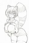  2019 animal_humanoid big_breasts black_and_white breasts clothed clothing english_text eyebrows eyelashes eyewear female glasses hair hand_on_breast humanoid inner_ear_fluff krakenparty looking_at_viewer mammal mammal_humanoid monochrome nipples not_furry partially_clothed procyonid procyonid_humanoid raccoon_humanoid serious signature simple_background sketch solo sweater text thick_thighs topwear traditional_media_(artwork) tuft virgin_killer_sweater white_background 