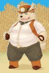  2016 anthro belly bodily_fluids bottomwear canid canine canis clothing domestic_dog hat headgear headwear humanoid_hands iwano kemono male mammal overweight overweight_male pants shirt solo sweat topwear 