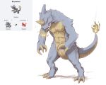  charmeleon claws commentary creature directional_arrow english_commentary fatmanass full_body fusion gen_1_pokemon no_humans pokemon pokemon_(creature) rhydon simple_background standing white_background 