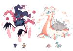  @_@ aqua_eyes candle charamells commentary english_commentary fire fish flame full_body fusion gen_1_pokemon gen_2_pokemon gen_7_pokemon goldeen highres horn lapras looking_at_viewer mimikyu misdreavus multiple_fusions no_humans pokemon simple_background white_background 