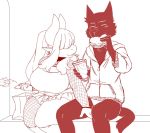  anthro bag bangs beverage breasts burger canid canine canis clothing dragon drinking duo eating faceless_male female fishnet food hair horn iriedono jacket long_hair male male/female mammal miller_(iriedono) sitting soda topwear wolf wrapper 