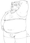  2016 anthro belly blush bodily_fluids bulge canid canine clothing hi_res iwano kemono male mammal monochrome navel overweight overweight_male shirt simple_background solo sweat topwear underwear white_background 