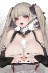  1girl absurdres azur_lane bare_shoulders between_breasts black_nails bow breast_lift breasts choker cleavage dress eyelashes formidable_(azur_lane) frilled_dress frills grey_hair hair_bow highres jam_(nandade) large_breasts long_hair parted_lips red_eyes solo twintails two-tone_dress two-tone_ribbon upper_body white_background 