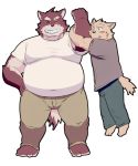  2016 anthro belly blush bottomwear bulge canid canine canis clothing domestic_dog duo eyes_closed iwano kemono male male/male mammal overweight overweight_male pants scar shirt simple_background topwear white_background 