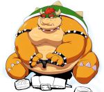  2014 anthro belly blush bodily_fluids bowser iwano kemono koopa mario_bros nintendo obese overweight scalie simple_background sitting solo sweat video_games white_background 