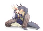  2020 absurd_res anthro beastars blush bottomwear breast_grab breasts canid canine canis claws clothed clothing duo female hand_on_breast haru_(beastars) hi_res lagomorph legoshi_(beastars) leporid male mammal manakono nipples pants rabbit shirt simple_background smile topless topwear white_background wolf 