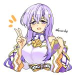  /\/\/\ 1girl blush book breasts circlet commentary dress fire_emblem fire_emblem:_genealogy_of_the_holy_war hair_between_eyes julia_(fire_emblem) large_breasts lavender_hair long_hair looking_at_viewer open_mouth purple_eyes simple_background smile solo twitter_username upper_body v white_background white_dress wide_sleeves yukia_(firstaid0) 